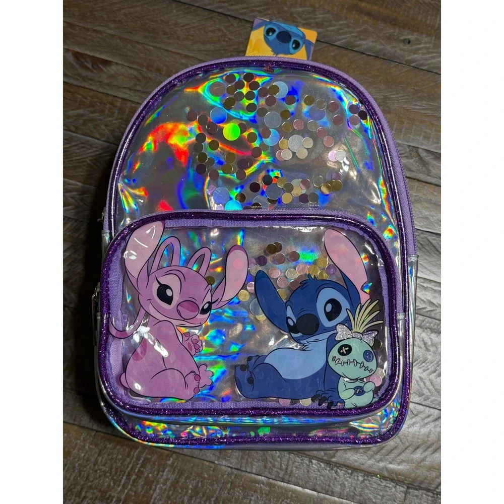 Disney Stitch Angel Mini Backpack Kids Silver Holographic NWT Sequin Shaker Bag